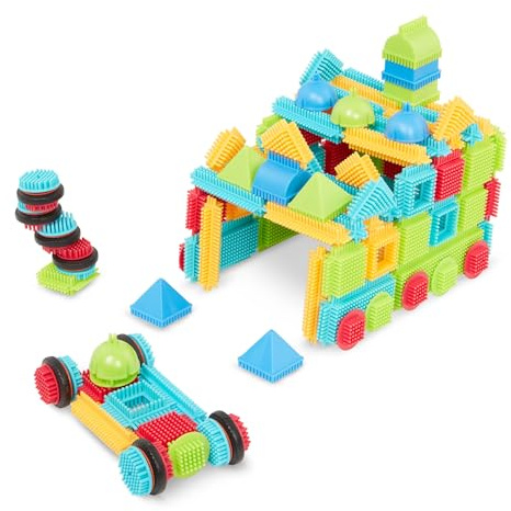Battat Bristle Blocks Basic Builder Set, Bauset mit Borstenbausteinen | 112-teiliges Set mit Bausteinen in verschiedenen Größen und Farben sowie funktionalen Rädern, Einfaches Bauen, 2+ Jahre