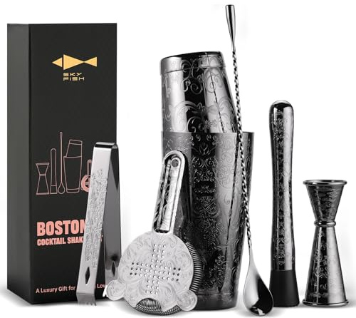 SKY FISH Cocktail Shaker Set, Ätzen Cocktail Shaker Kit in Geschenkbox 7er Set, Handwäsche. (Schwarz)