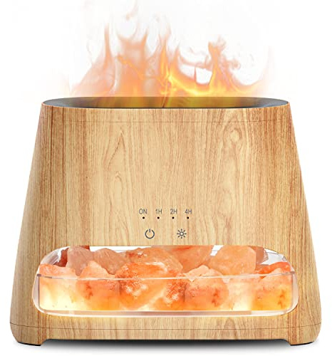 SALKING 2-in-1 Aroma Diffuser & Salt Range Pakistan Leuchte, Flammeneffekt Diffusor für ätherische Öle, Diffusor Kühler Nebel Luftbefeuchter mit 3-Helligkeit, 150ml(Holz)