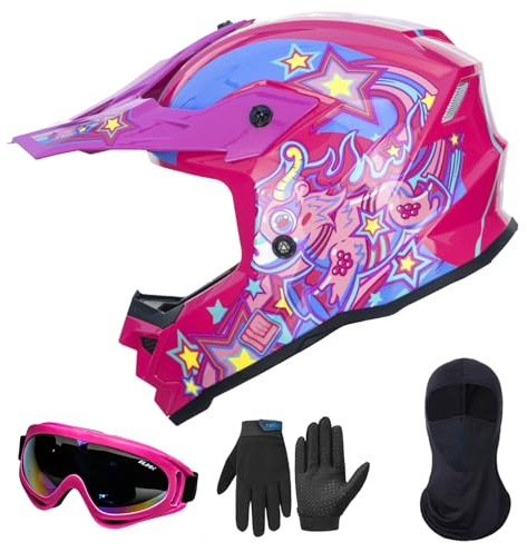 ILM Fullface MTB Motocross Helm Kinder Motorradhelm Downhill Motorrad Helme Dirt Bike Full Face Mountainbike Quad Enduro Crosshelm mit Brille Maske Handschuhe ECE22.06 Modell Z705,Starlight Pony,M