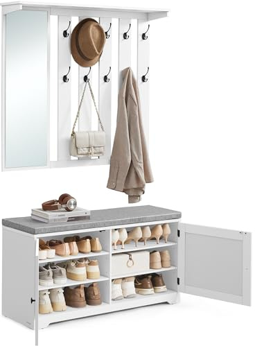 VASAGLE Schuhbank Wandgarderobe Set, Garderobe mit Spiegel, 10 Doppelhaken, Schuhschrank mit verstellbaren Ablagen, Doppeltüren, Sitzbank, Sitzpolster abnehmbar, 101 cm breit, wolkenweiß LSC011W01