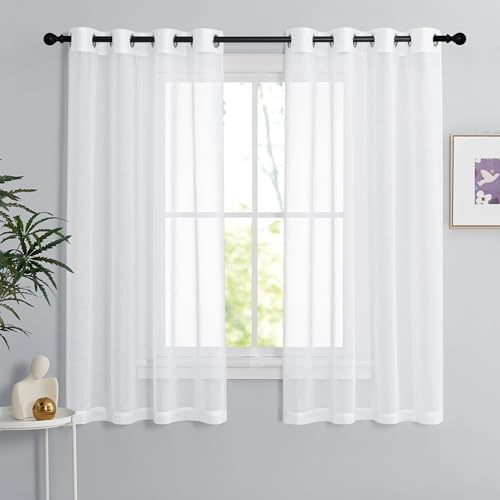 PONY DANCE Voile Gardinen Weiss Transparent Ösenvorhang 2er Set H 160 x B 140 cm Wohnzimmer Gardinen Kurz Durchlässige Vorhänge Weiß Vorhang Leinenoptik Schlafzimmer