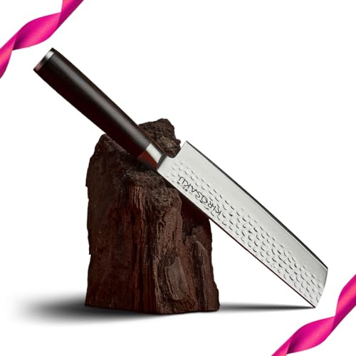 Kirosaku Premium Nakiri Damast Messer - 17 cm Gebogen Klingenlänge Küchenmesser aus Japanischem Damast Legierter Stahl - Griff aus Pakka-Holz - Gemüsemesser für Präzises Schneiden - Dunkelbraun