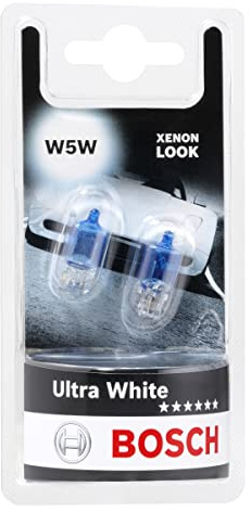Bosch W5W Ultra White Halogen-Glühlampe für Auto-Scheinwerfer, 12 V 5 W, mit modernem weißem LED-Look - Lampensockel Typ W2,1x9,5d - 2er-Pack Ersatz-Scheinwerferlampen