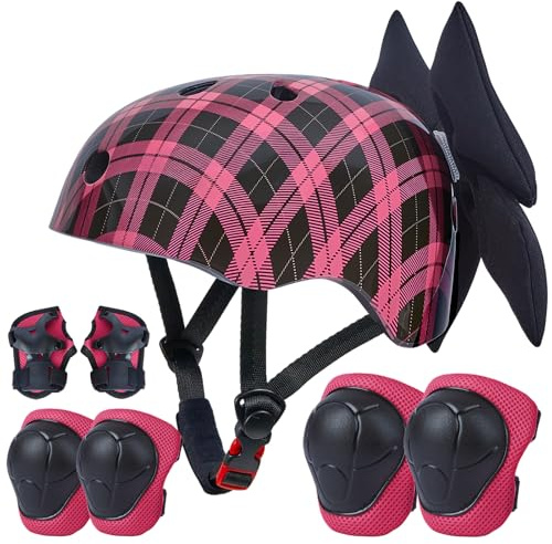 EllaSeek Kinder Fahrradhelm mit Schutzausrüstung für Mädchen 8-14 Jahre,Verstellbarer Skateboard Helm mit Knieschoner und Ellbogenschoner,Stoßfest mit süßer DIY-Schleife für Roller,Rad,Skaten