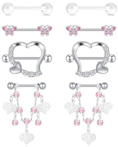 MODRSA Nipple-Piercing Nipple-Bars Nippelpiercing Chirurgenstahl: 4pairs 14G Barbell Piercing Schmuck Brustwarzenpiercing