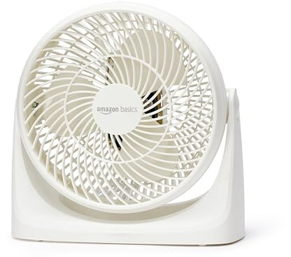 Amazon Basics Tisch-Ventilator tragbar, 18 cm, geräuscharme Kühlung, 3 Geschwindigkeiten, um 90° verstellbarer Winkel, Weiß, 15,49 x 27,3 x 27,69 cm