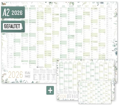 Häfft Wandkalender 2026 A2 gefalzt (59,4 x 42 cm) Blattgold | Wandplaner mit Ferien- und Feiertags-Übersicht, inkl. Gratis A3 + A4 Kalender