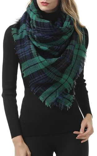 Durio Karoschal Damen Schal Winter Weich Deckenschal Quadratisch Übergroßer Strickschal Kariert Poncho mit Fransen Blau Grün