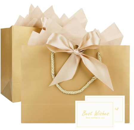 TACHIO 2er Set Papier Geschenktaschen mit Seidenpapierbögen und Karten, Personalisierte Geschenkbeutel mit Band für Frauen/Männer Geburtstag, Hochzeit, Taufe, Party 28x10x20cm(Champagner Gold)