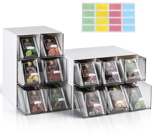 efuturetime 4 Stück Teebox Kunststoff 12 Schubladen Organizer Stapelbar | 22,6 × 16,5 × 7,6 cm, Tee-Aufbewahrung für Losen Tee, Teebeutel, Kaffee, Zucker, Stifte und Kosmetika, Weiß