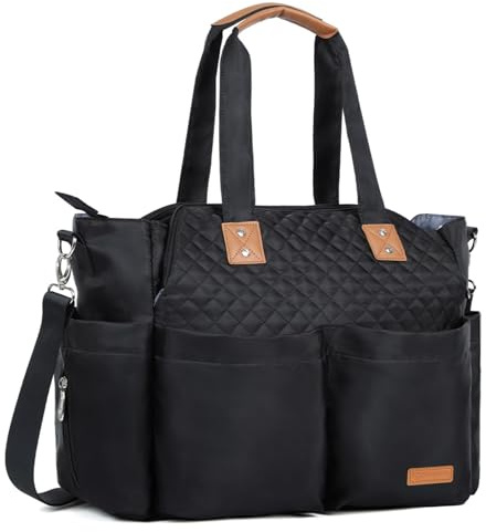 Lekebaby Baby Wickeltasche Bote groß mit Wickelunterlage für Reise, 19 Taschen, Diaper Bag Reisewindeltasche für Mama und Papa, Multifunktions Babytasche, Schwarz Gesteppt