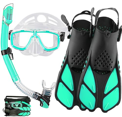 HH HHAO SPORT Schnorchelset Erwachsene mit Flossen,Schnorchelausrüstung in Reisegröße mit Kurzen Verstellbaren Schwimmflossen, Hochwertige Tauchermaske und Dry Top Schnorchel, mit Tragetasche