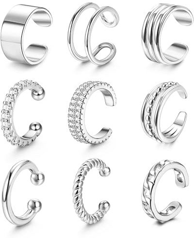 Chriscoco 9PCS Ear Cuff Set für Damen Ohrclips Damen Ohne Ohrlöcher Ohrmanschette Fake Ohrringe Fakepircings Ohr Earcuffs Silber Fake Helix Knorpel Wrap Cuff Ohrringe Ohrklemme mit Geschenkbox