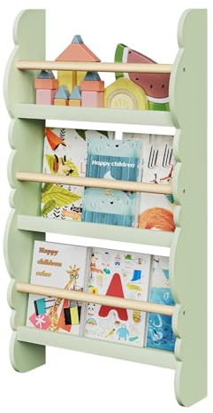 WOLTU Kinder Bücherregal Wand 3 Ablagen Wandregal Grün Holz | E1 MDF; Kiefernholz; Kinderzimmer; Spielzimmer; Wandregal; Buchaufbewahrung