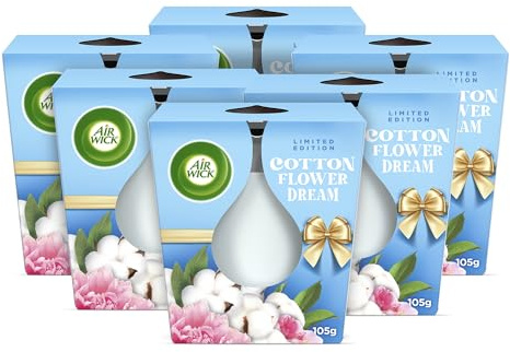 Air Wick Wohlfühl-Duftkerze im Glas – Duft: Cotton Flower Dream – Je bis zu 20 Stunden Brenndauer – Enthält natürliche ätherische Öle – 6 x 105 g Duftkerzenset