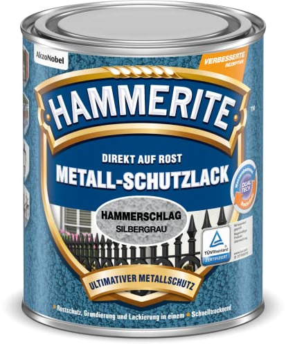 Hammerite Metallschutzlack Hammerschlag, 3in1- Rostschutz, Silbergrau, 750 ml