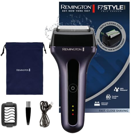 Remington Rasierer Herren Elektrisch [3-Fach Scherfolien: schneller & hautschonender/Nass- & Trocken- Rasierapparat] Folienrasierer F7 (Lithium-Akku, Langhaarschneider + 3-TageBart-Aufsatz) F7000