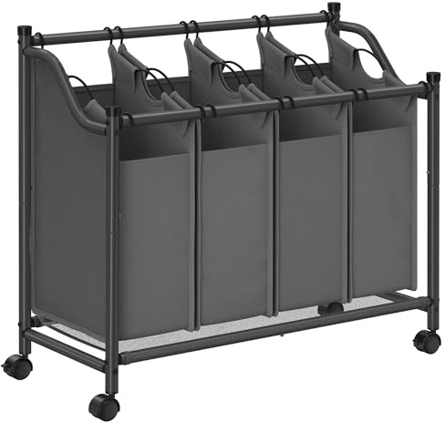 SONGMICS Wäschekorb, Wäschesammler, Wäschesortierer mit 4 abnehmbaren Stofftaschen, Rollen, Aufbewahrung, 4 x 35 Liter, grau LSF005GS
