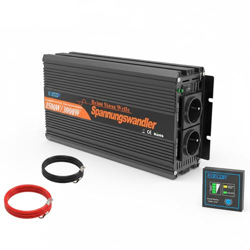 EDECOA 1500W Reiner Sinus Wechselrichter 12V auf 230V Fernbedienung, 3000W Spitzenleistung, Spannungswandler für Wohnmobil, Wohnwagen, Boot, Solar, kompatibel mit Lithium, AGM und Gel-Batterien