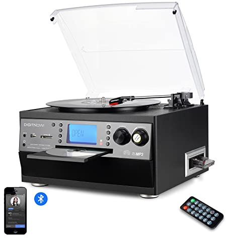 DIGITNOW! Plattenspieler mit Bluetooth, USB-Plattenspieler und Codierungsfunktion, klassischer CD-Player mit FM-Kassette, 3 Geschwindigkeitsstufen, 33/45/78 U/min, integrierte Lautsprecher,