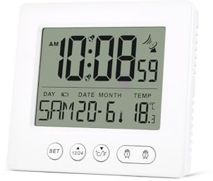 Teepacioka Digitaler Funkwecker mit 2 Weckzeiten, Automatische Zeit, Funkuhr, 5-Minuten Snooze, Temperaturanzeige, 2 x AAA-Batterie (Nicht im Lieferumfang enthalten) (Weiß)