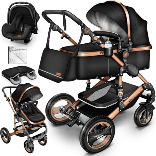 KIDUKU® 3 in 1 Kinderwagen XXL Set inkl. Babywanne Buggy Auto-Babyschale | Kombikinderwagen Komplettset mit Sportsitz Fußsack Vollgummireifen Wickeltasche Handwärmer Regenschutz Kindertisch ECE R129