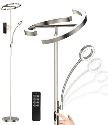 ANTENLICHT Stehlampe Dimmbar LED KAKA | Silber-Stehleuchte 20W | mit Flexibler 7W Leselampe | Modern Deckenfluter mit Fernbedienung mit 4 Farbtemperatur für Wohnzimmer, Schlafzimmer