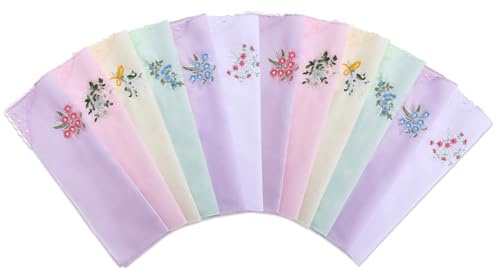 12 Stück Baumwolle Taschentücher für Damen - Stoff Taschentücher Mit Stickerei, Vintage-Design für Hochzeiten und Partys - Farbige Stofftaschentücher für Frauen, Teepart