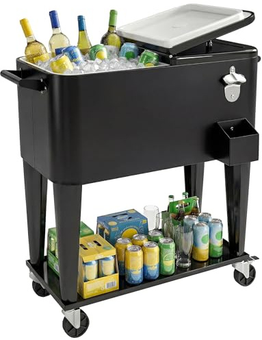 Outsunny 76L Kühlwagen Servierwagen mit Rädern Flaschenöffner Abfluss Deckel Fahrbare Kühlbox mit Kapselauffang Beistellwagen Bar Kühlbehälter Getränkewagen für Outdoor Terrassen Party Schwarz