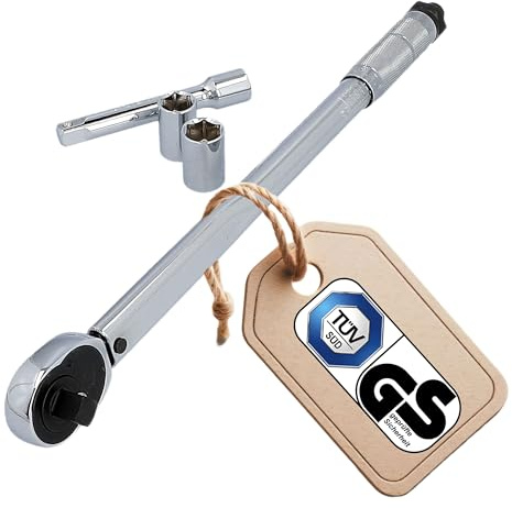 UNITEC Drehmomentschlüssel, Einstellbar von 40 bis 210 Nm, Antrieb 1/2" Vierkant, mit Stecknüssen 17/19 mm und Verlängerung, Silber