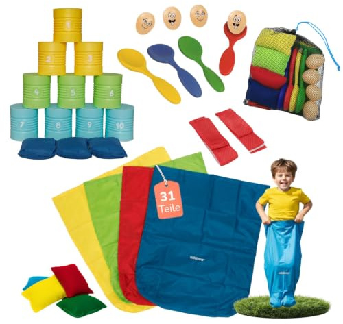 alldoro Party-Bundle 32-TLG., Dosenwerfen & 4 Klassische Bewegungsspiele | Geschicklichkeitsspiel, für Kindergeburtstag, Feste & Vereine, actionreiches Spielepaket, Indoor & Outdoor