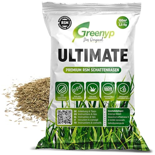 Greenyp® Ultimate I Premium RSM Schattenrasen mit 100% RSM Gräsern I 2,5kg für 100m² I Nachsaat Grassamen Rasensamen Rasensaat Gras für für schattige & trockene Standorte