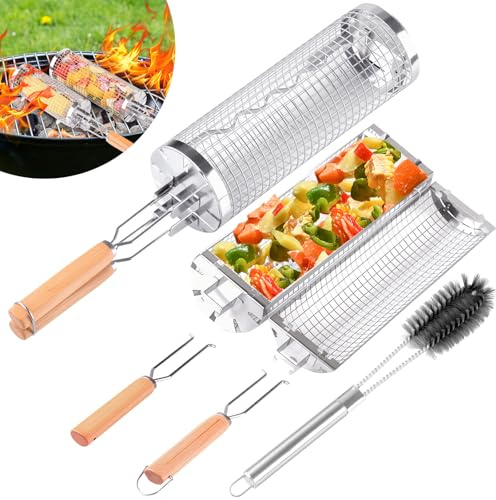 Leerweii 2 Stück Grillkorb Edelstahl mit Doppelten Holzgriffen, Seitlich zu öffnendes Design Rollengrillkorb mit Reinigungsbürste Grillzubehör für Außengrill für Gemüse Fleisch, Geschenke für Männer