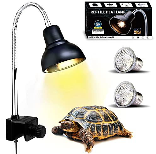 PewinGo Schildkröte Wärmelampe, Wärmespotlampe für Aquarium Reptil mit 2 UVA UVB Basking Spot Glühbirnen und 360°Schwenkklemme für Schildkröte, Schlange, Eidechse usw, Orangefarbenes Licht