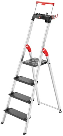 Hailo L100 Topline Alu-Sicherheits-Stehleiter - 4 XXL-Stufen bis 150 kg - Stehleiter mit ausziehbarem Haltebügel, Plattformverriegelung - viel Zubehör - klappbare Aluleiter Made in Germany - schwarz