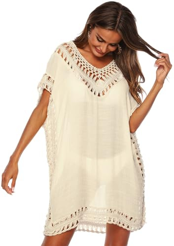 KANDEMY Damen Sommer Bikini Cover Up V-Ausschnitt Strand Poncho Strandkleid mit Cutout Crochet Badeanzug Sommer Kleider für Urlaub