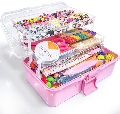 LINAYE 3000+Pcs Bastelset für Kinder Bastelbox Bastelmaterial Set,Bastelkoffer Gehören Pompons,Pfeifenreiniger,Scrapbooking Basteln Kinder Alter 4 bis 10 Geschenk für Junge Mädchen Bastelbedarf Rosa