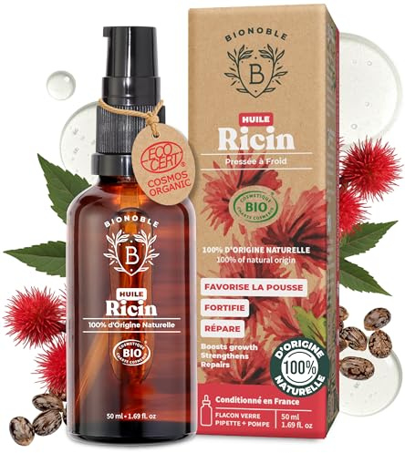 BIONOBLE Rizinusöl Kaltgepresst Bio - 100% Natürlich, Ohne Hexan - Wachstumsfördernd, Repariert - Rizinusöl Bio Haare, Wimpern, Augenbrauen, Haut - Castor Oil - Glasflasche, Pipette, Pumpe - 50ml