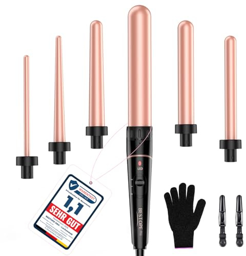 BESTOPE PRO 6-in-1 Lockenstab Große Locken und Kleine, Lockenstäbe, Lockenstab Mit Verschiedenen Aufsätzen, Handschuhen Temperatur Einstellbar, Goldrosa