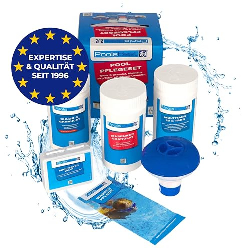 PoolsBest Pool Starter Set 5 in 1 I Pool-Reinigungsset komplett zur Wasserpflege I Pool Zubehör Set für Einsteiger I Mini-Multitabs, Dosierschwimmer, Pooltester, pH-Senker, Chlorgranulat & Anleitung