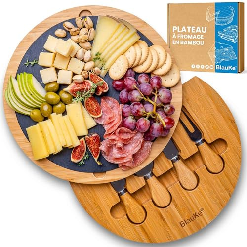 Bambus Käsebrett mit Käsemesser Set und Schieferplatte - Servierplatte aus Holz für Käse und Appetithäppchen - 30cm Rund Servierbrett Holz Käseplatte Drehbar - Cheese Board Charcuterie Board