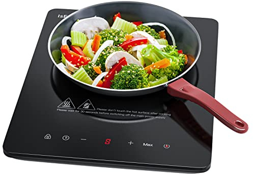 Induktionskochplatte, IsEasy Induktionskochfeld 1 Platte 2100W, 28cm Kochplatte, Tragbares, mit Stecker, 9 Heizstufen, 8-Stunden-Timer, Touch-Steuerung, Booster-Funktion, Schwarz…
