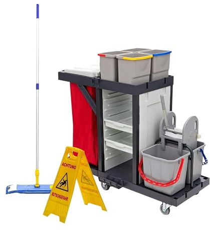Wisch-Star Kunststoff Putzwagen mit Presse, Eimer & Müllsackhalterung | 2 x 20L Eimer, 4 x 6L Eimer, 2 x Ablagefächer, 120L Müllsackhalterung, ideal für die professionelle Reinigung in Betrieben