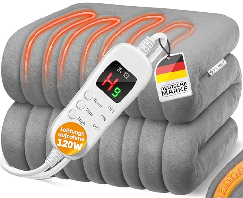 KESSER® Heizdecke aus Plüsch 180x130cm Grau TÜV SÜD GS geprüft | elektrische Wärmedecke mit Timer Abschaltautomatik | Kuscheldecke Decke | 9 Temperaturstufen | waschbar bis 40°C | Digitalanzeige