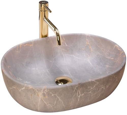 Rea Waschbecken Waschtisch Aufsatzwaschbecken Keramik Handwaschbecken Aufsatz Waschschale Oval Stein 48x35 Grau