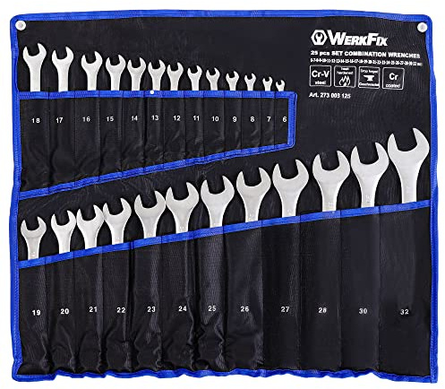 WerkFix Ring-Maulschlüsselsatz 25-tlg. 6–32 mm | CrV-Stahl Schraubenschlüssel Set KFZ Werkstatt | Gabelschlüssel mattiert & laser-markiert | Profi Schraubenschlüssel Set mit Rolltasche