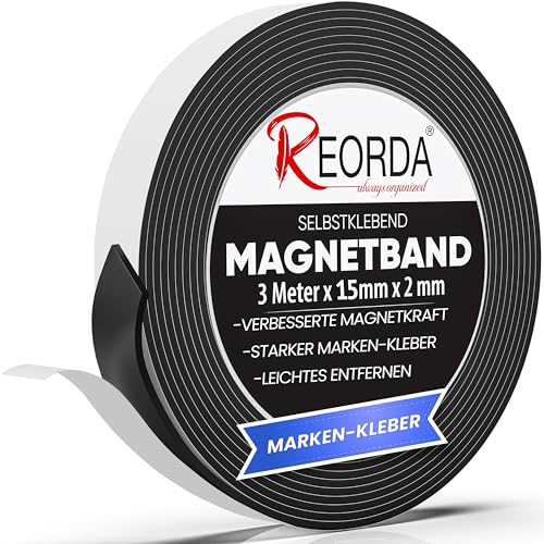 REORDA® Magnetband selbstklebend stark - Magnetstreifen selbstklebend mit extra starkem Marken-Kleber - Magnetklebeband mit optimierter Magnetkraft - Magnet Klebeband