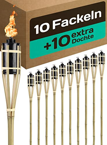 STAR - LINE 10 Garten Fackeln für Draußen aus Bambus Holz 90cm - Lange Brenndauer - Nachfüllbar - Ink. 10 Extra Dochten - Fackeln für Garten - Ölfackeln - Bambusfackeln für Gartenparty - Gartenfackeln