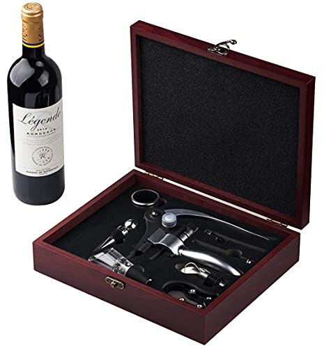 Cooko Korkenzieher, Manueller Wein Öffner Kit mit Belüfter und Ausgießer,Zink-Legierung Griff Korkenzieher,Deluxe Weinöffner Zubehör mit 8 Teilen, Elegantes Design-Set mit Dunklem Kirschholz Kasten